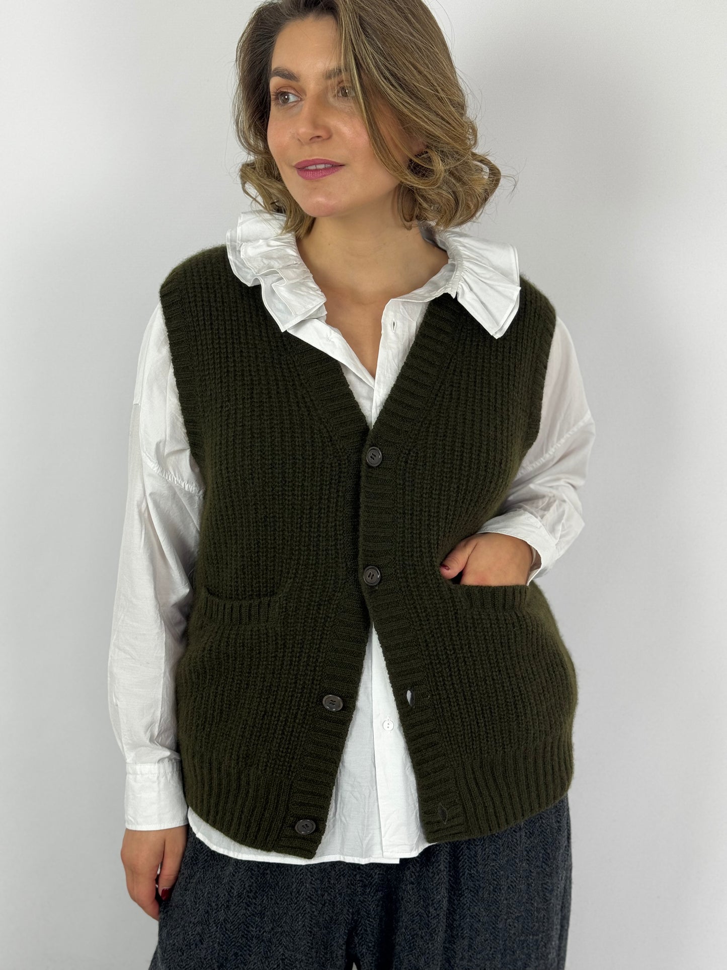 TouJours Cardigan Vest Olive Brown