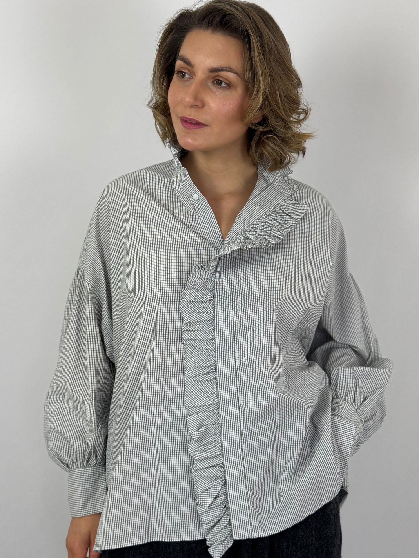 TouJours Bishop Sleeve Shirt White Grey