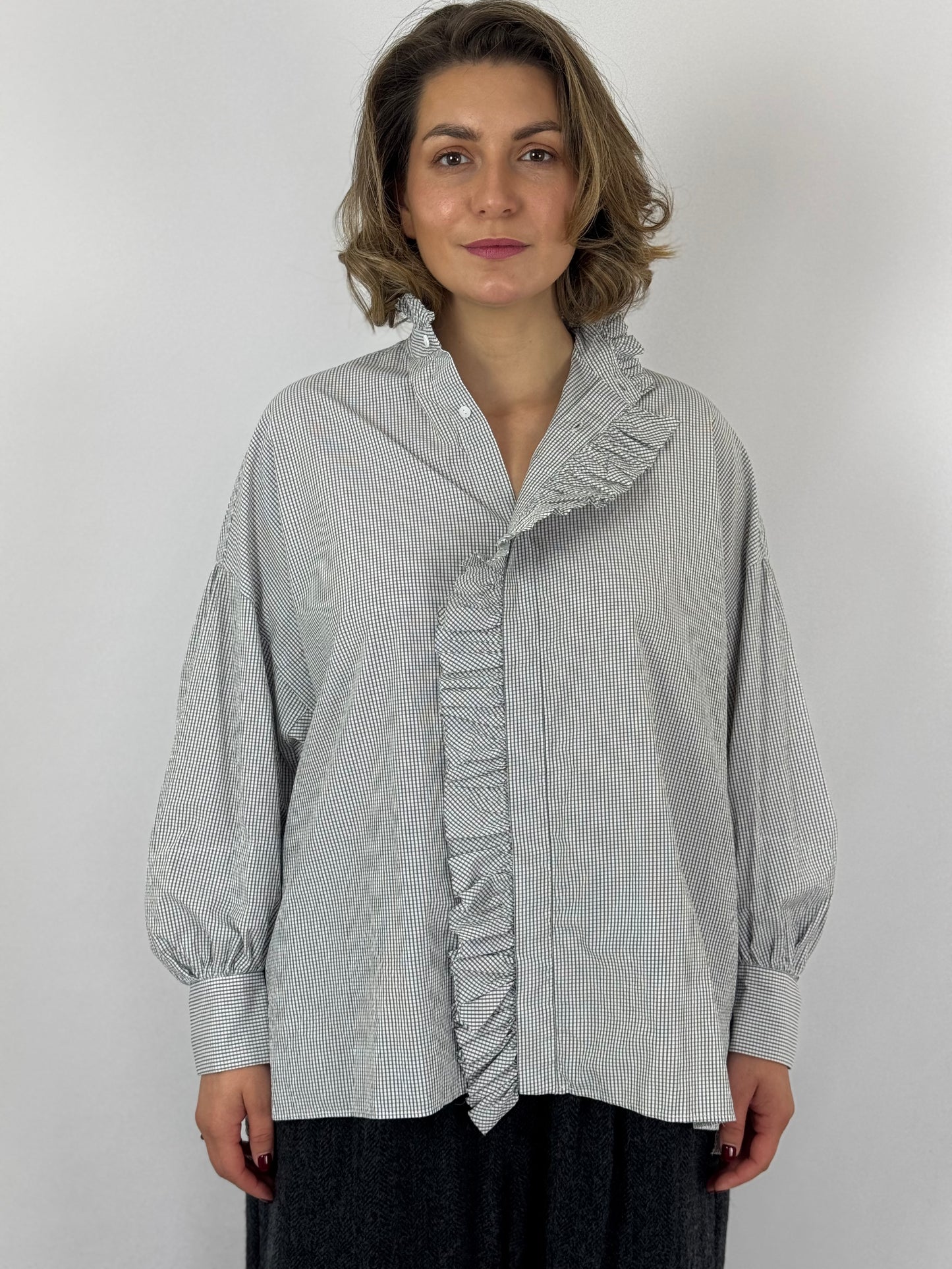 TouJours Bishop Sleeve Shirt White Grey