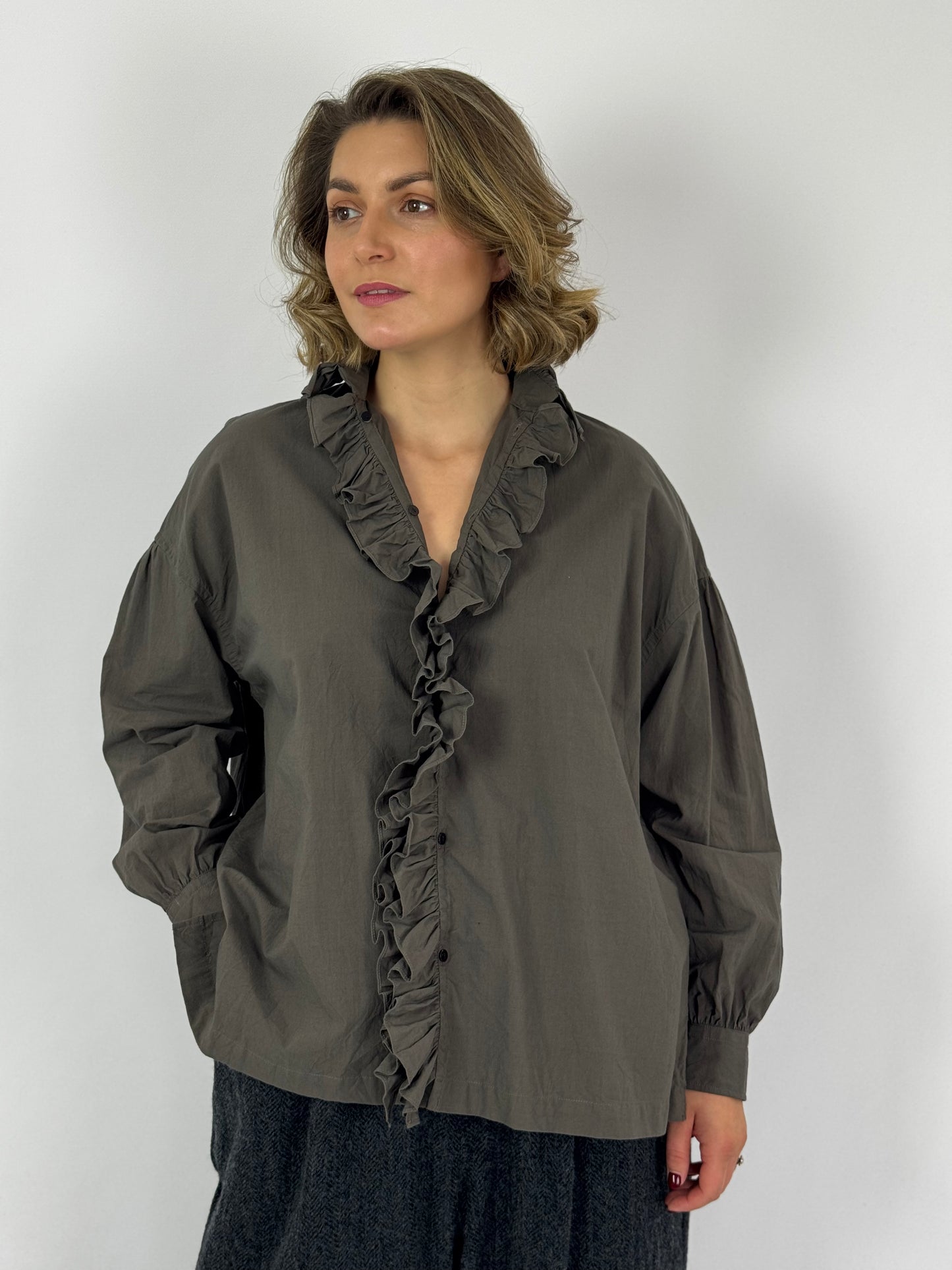TouJours Ruffle Shirt Charcoal Brown