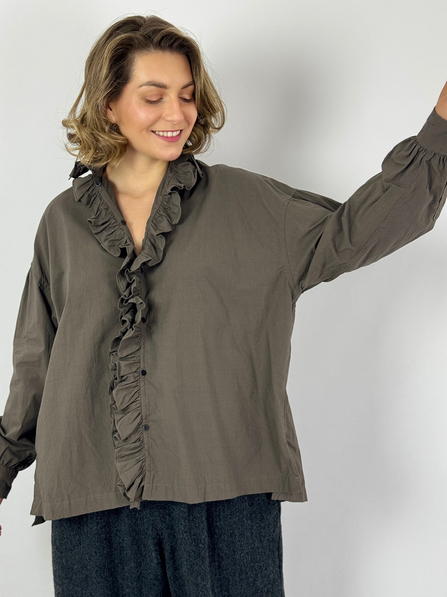TouJours Ruffle Shirt Charcoal Brown