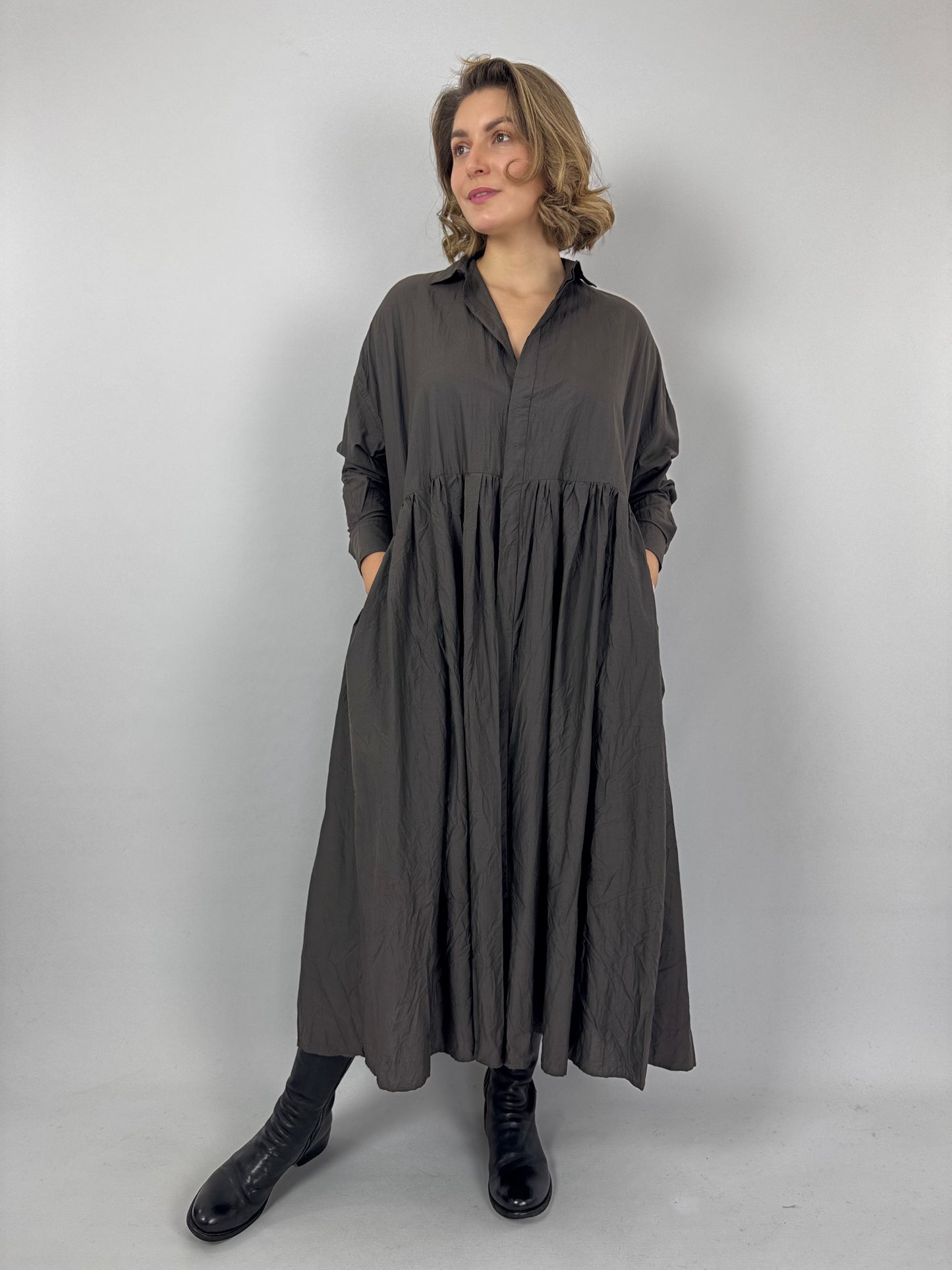 TouJours Pleated Dress Charcoal Brown