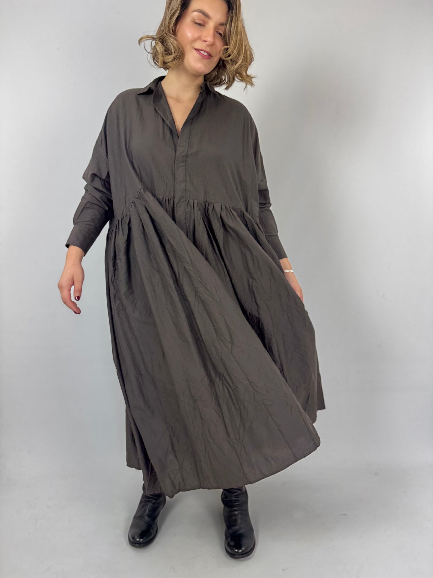 TouJours Pleated Dress Charcoal Brown
