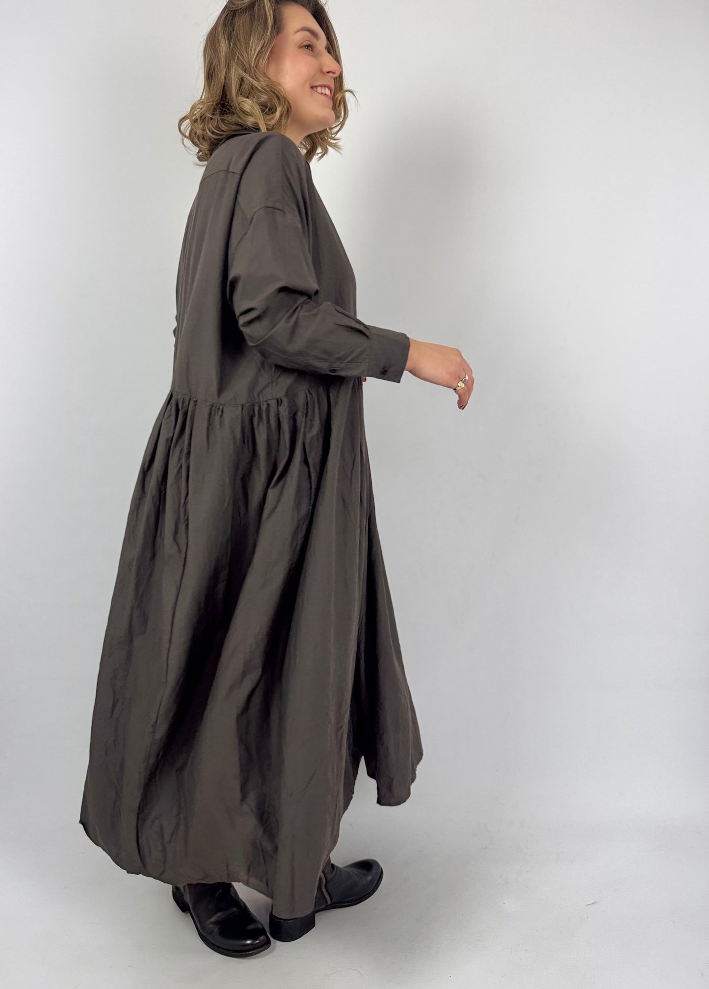 TouJours Pleated Dress Charcoal Brown