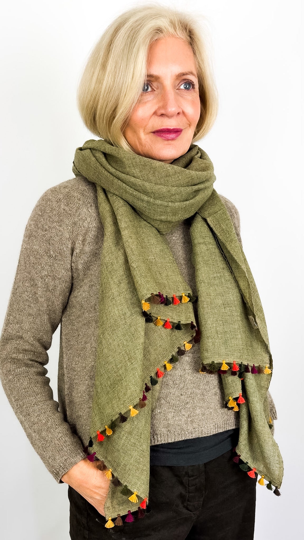 Weaves & Blends Yaksa Pom Scarf Dried Herb