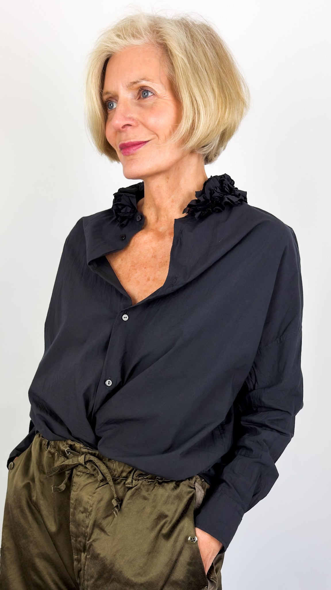 Toujours  Ruffle Shirt Charcoal Navy
