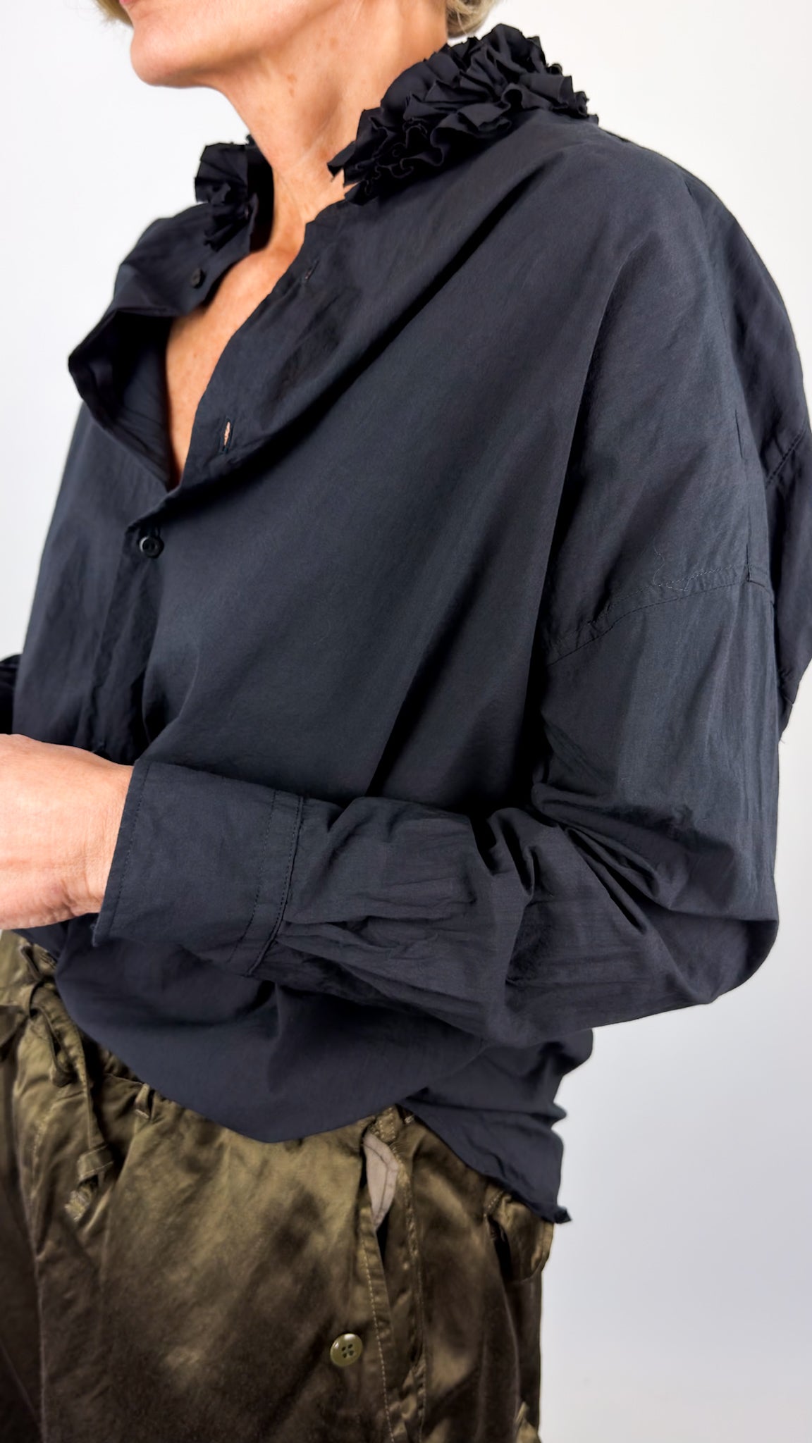 Toujours  Ruffle Shirt Charcoal Navy
