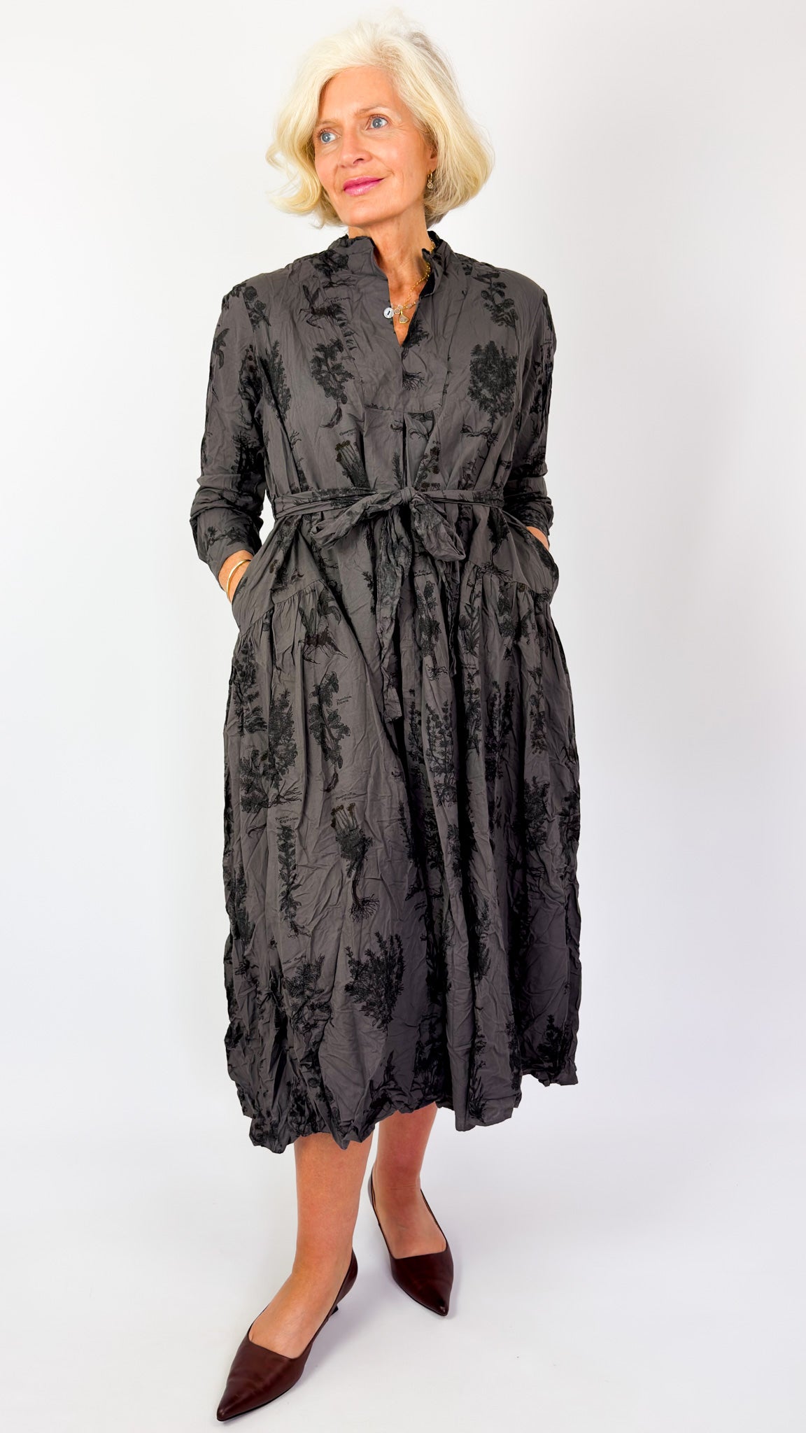 Pas De Calais 4892 Herbal Print Dress Charcoal
