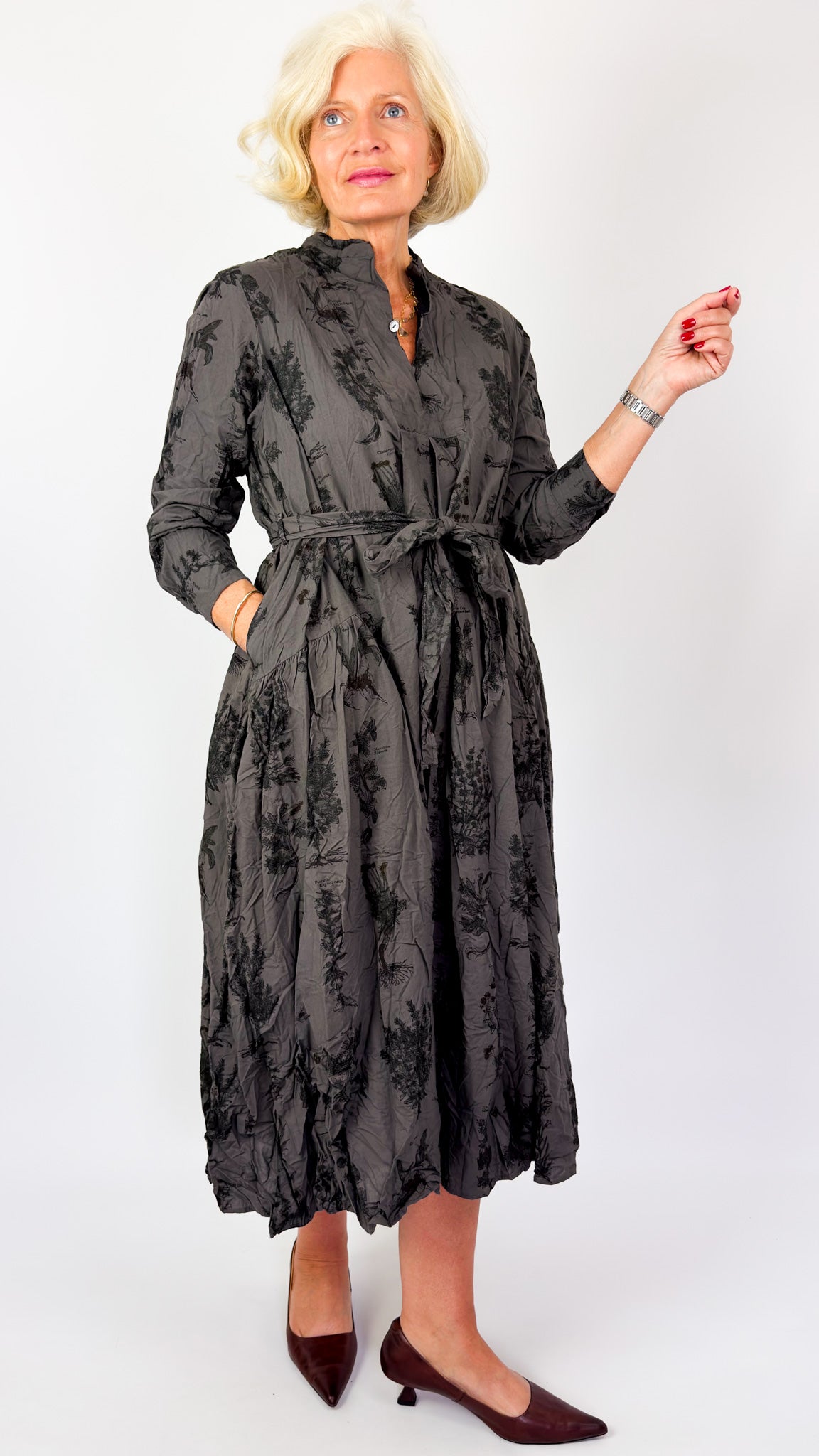 Pas De Calais 4892 Herbal Print Dress Charcoal