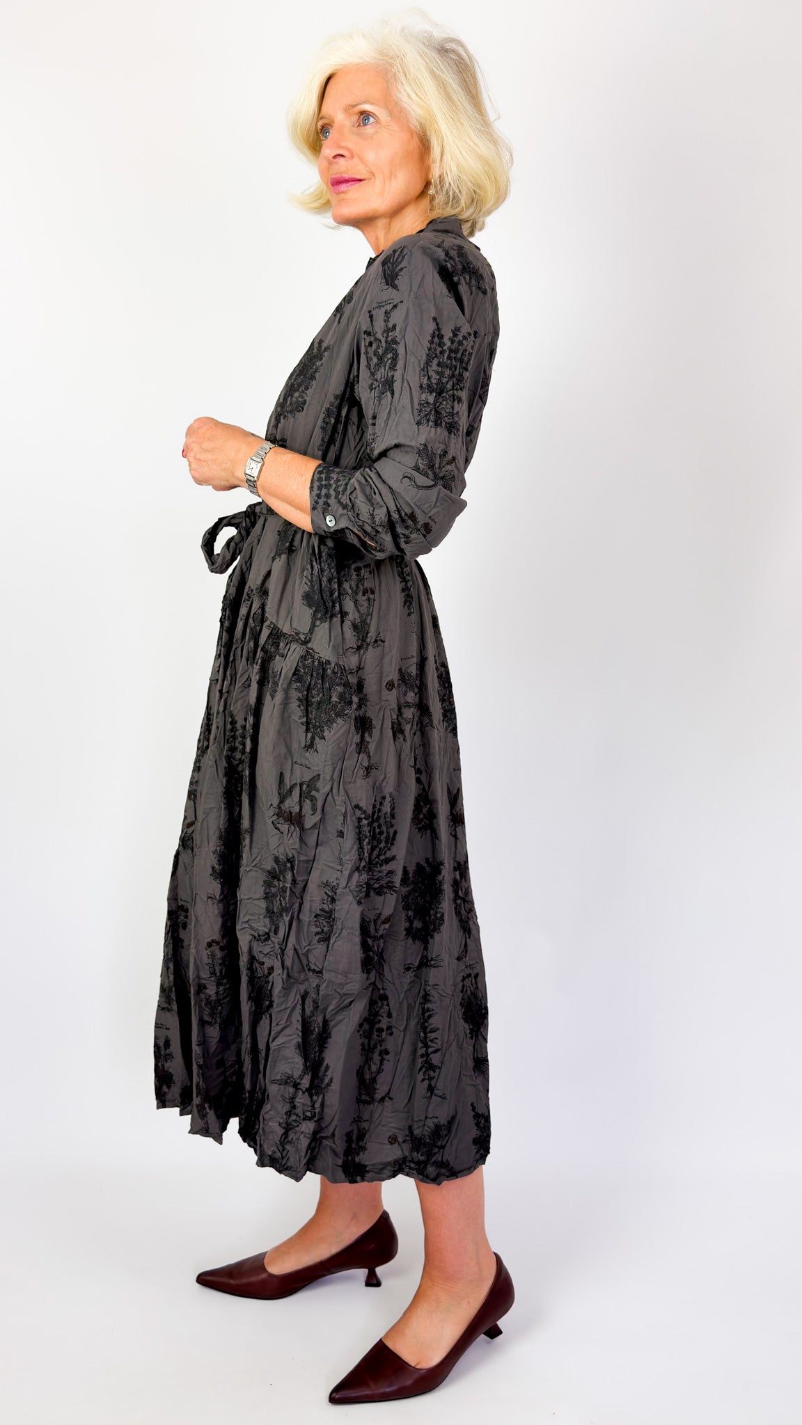 Pas De Calais 4892 Herbal Print Dress Charcoal