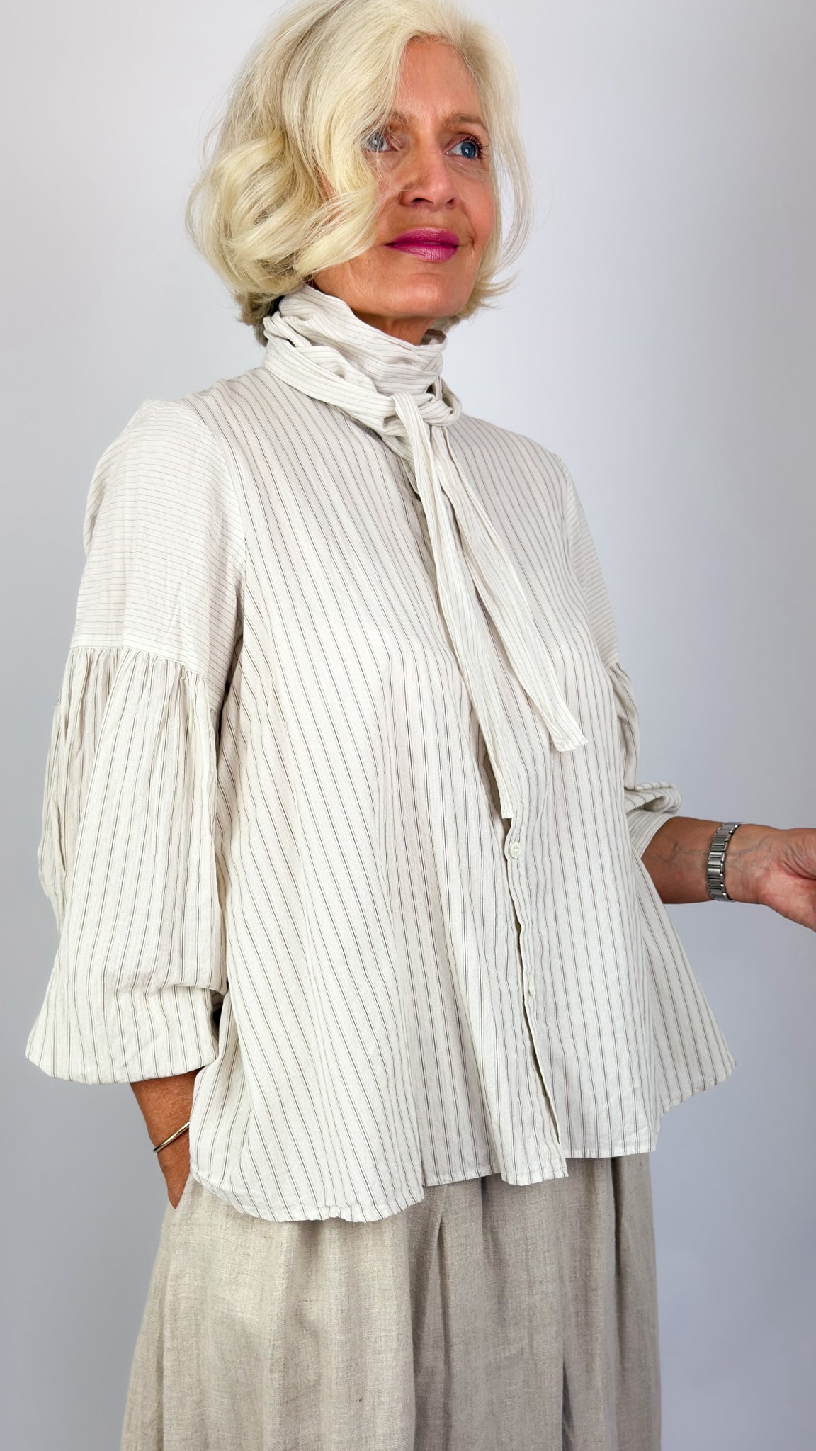 Pas De Calais 6856 Stripe Bow Blouse Ivory