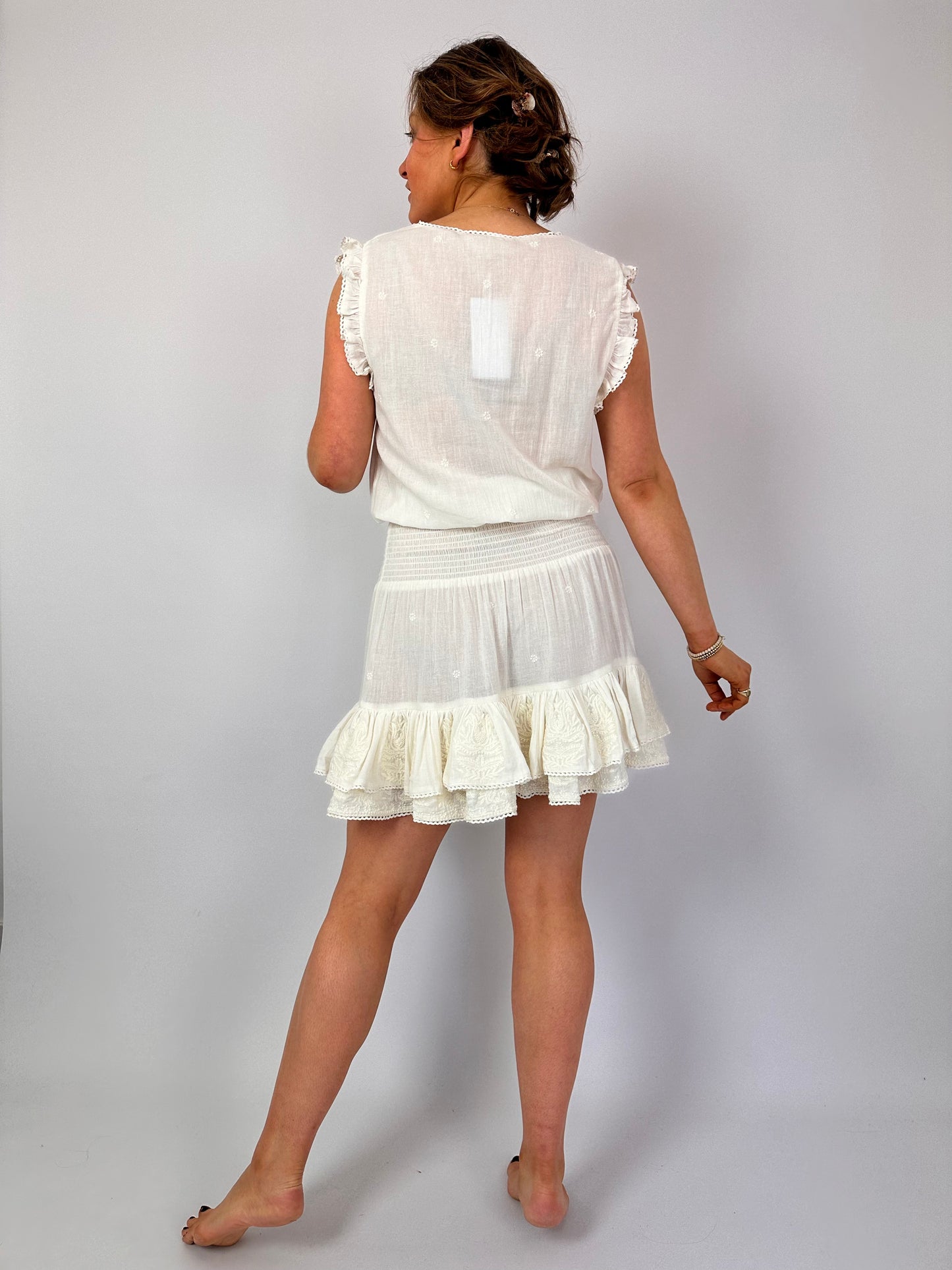 MABE Mina Embroidered Short Dress Ecru