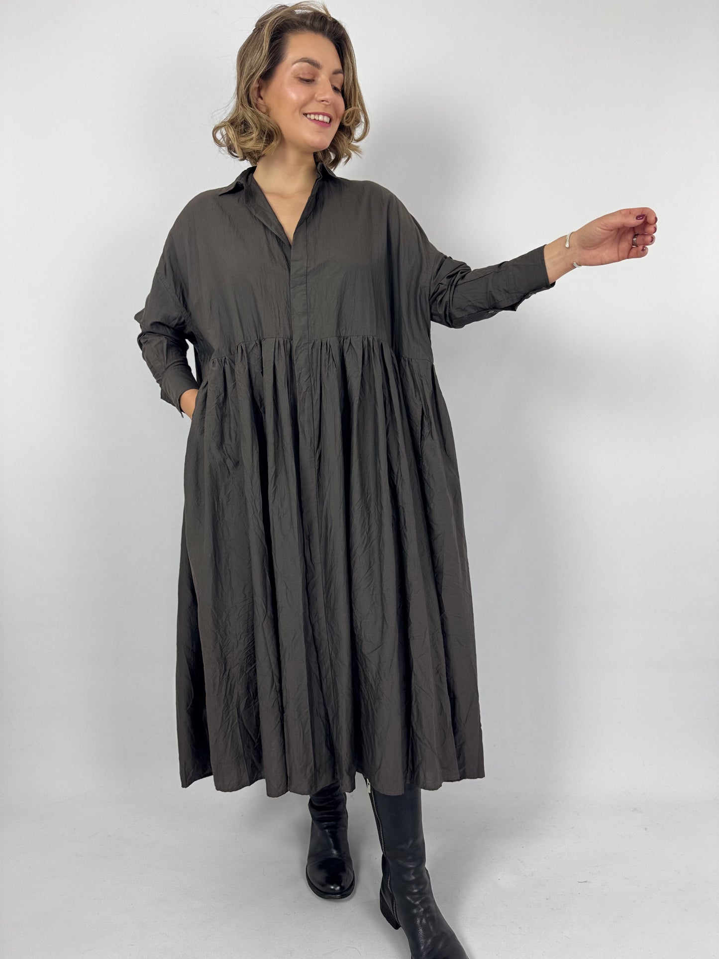 TouJours Pleated Dress Charcoal Brown