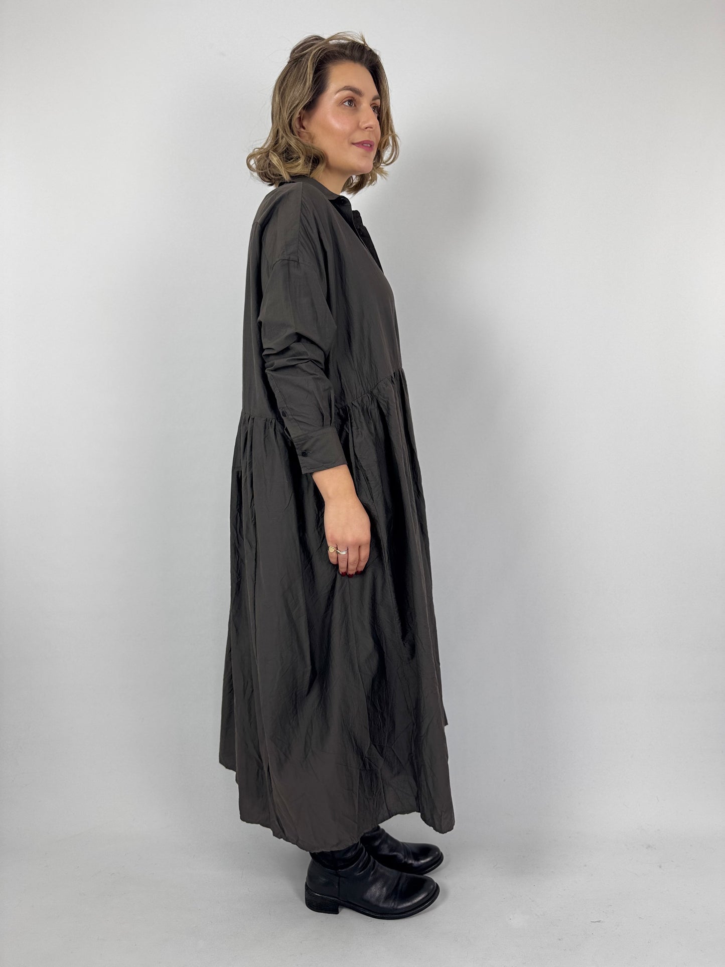 TouJours Pleated Dress Charcoal Brown