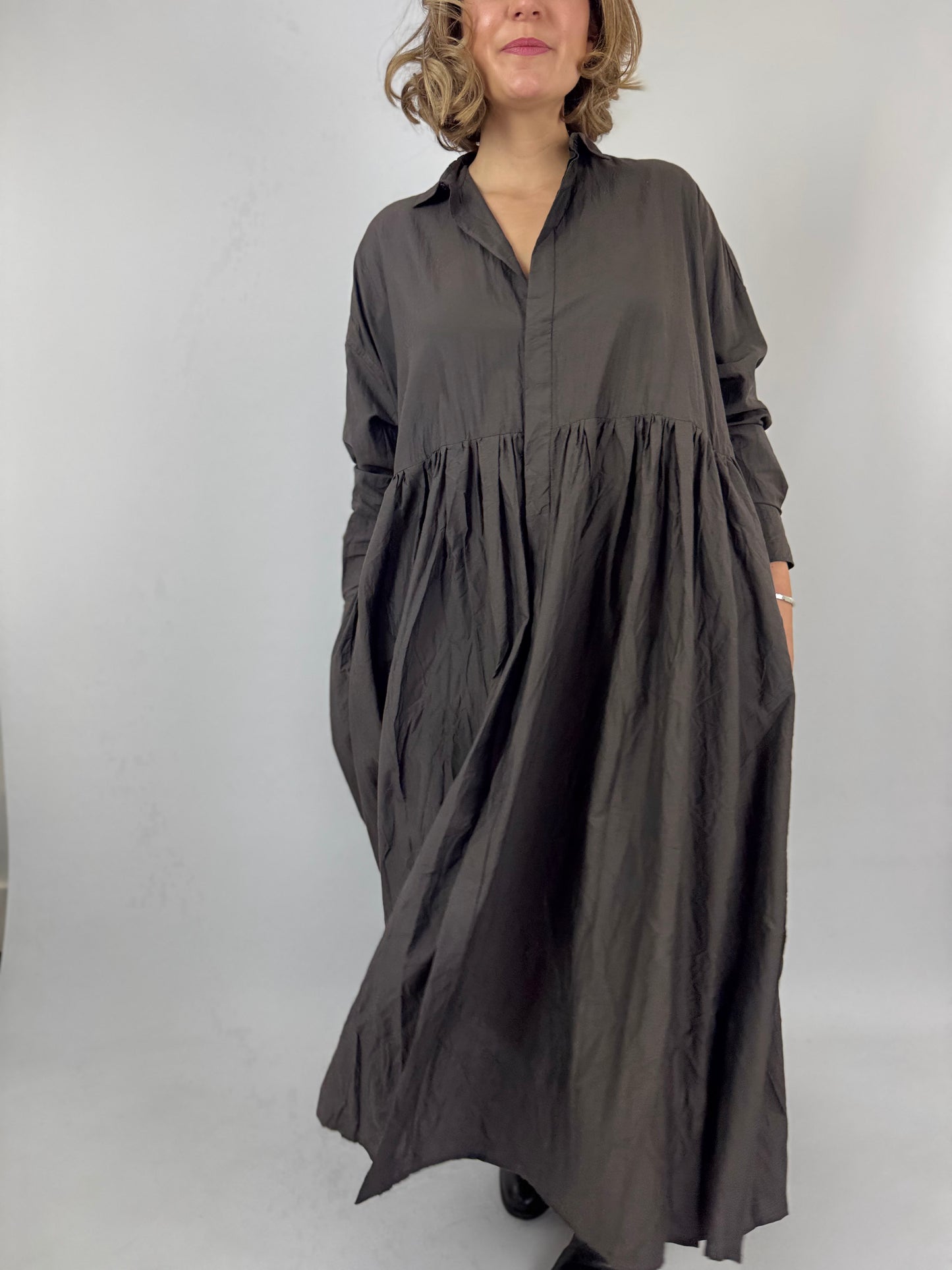 TouJours Pleated Dress Charcoal Brown