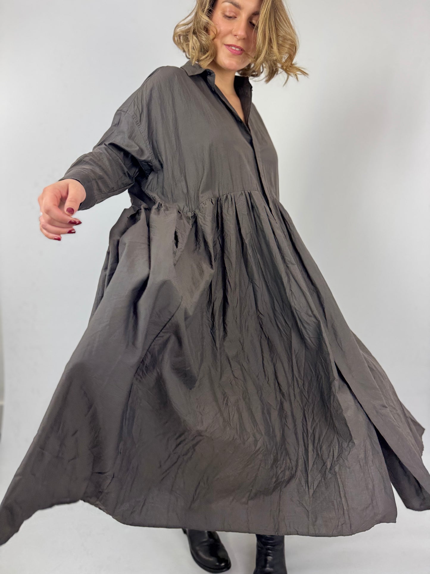 TouJours Pleated Dress Charcoal Brown