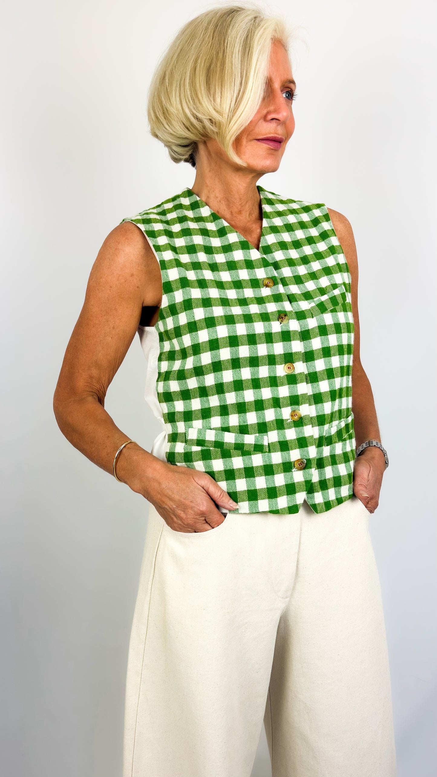 H+ Ginette Waistcoat Green Check