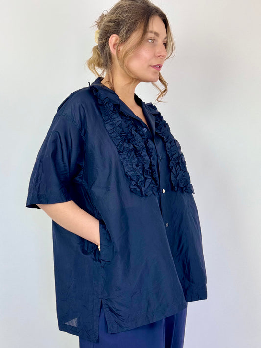 TouJours Short Sleeve Frill Shirt Navy