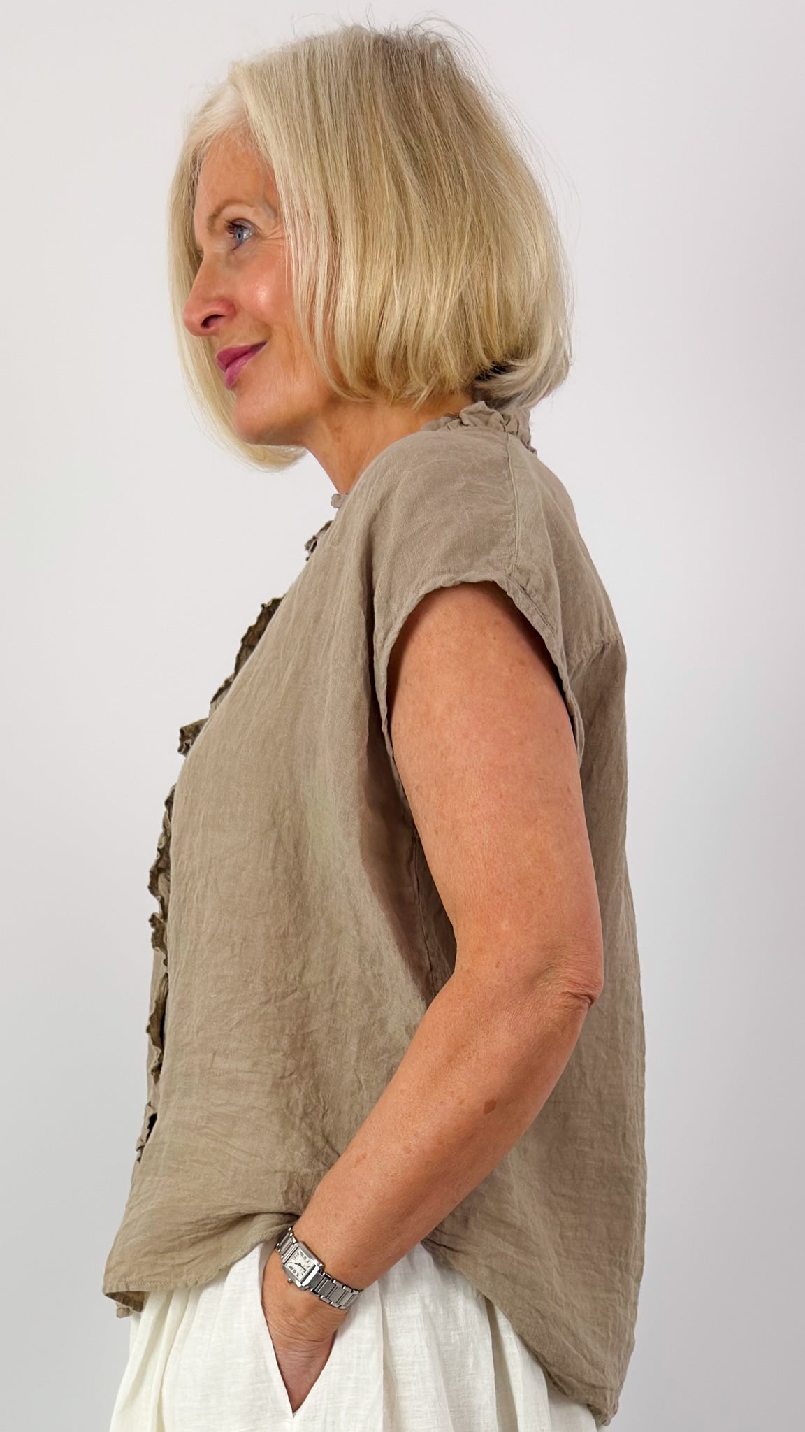 Maison de Soil 001D Frill Shirt Ash Beige